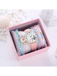 5 件套可爱马卡龙色小表盘简约手表 + 独角兽手链套装，适合生日、万圣节、礼物（无盒） - 粉色 - 查看 6