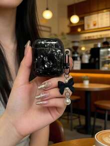 1pc Black Shell Texture IMD Earphone Soft Case, Compatible With AirPods 1/2, Pods2/Pods3/Pods Pro/Pods Pro2, Paired With Black Bow, Small Pearl, Heart-Shaped Handmade Pendant - Black - View 4