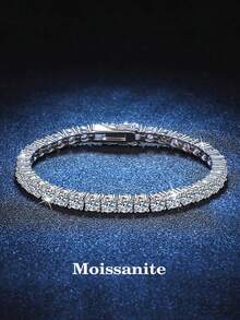 1pc 3mm High-Quality Four-Prong Moissanite Diamond Tennis Chain With S925 Sterling Silver Bracelet, Shimmering & Luxurious Fine Jewelry For Wedding, Engagement & Gifts For Brides - 銀色 - 查看 2