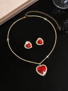 1 set de bijoux en forme de cœur, cristal rouge brillant + bordure de diamant, en cuivre, convient pour les fêtes, cadeau pour l'anniversaire/la fête des mères - Rouge - Voir 4