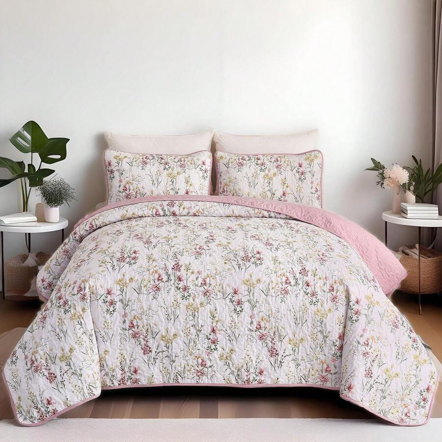 DJY 3 Pieces Queen King Size Gradient Aqua Flower Pattern Bedspread Coverlet For All Season,Soft Lightweight Microfiber Bedding Set,Wedding Items,Valentines Day Home Bed Room Decor,Easter Gifts,Mothers Day Gift,All Season - Hồng - Xem 1