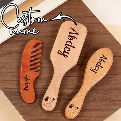 3pcs Personalized Creative Artistic Bear Design Wooden Laser Engraved Hair Brush Set, Ideal Gift For Valentine's Day, Bridesmaids, Weddings, Parties, Birthdays, Back To School, Family And Friends