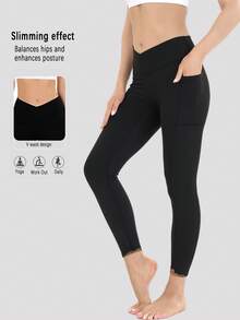 Women's V-Shaped Cross High Waisted Pocket Yoga Pants, Women's Sports Leggings, Soft And High Elasticity Pocket Leggings, Suitable For All Season Sports Leggings, Gym Work Pants, Hip Lifting Sports Leggings, Weight Loss Running, Cycling, Yoga - màu đen - Xem 1