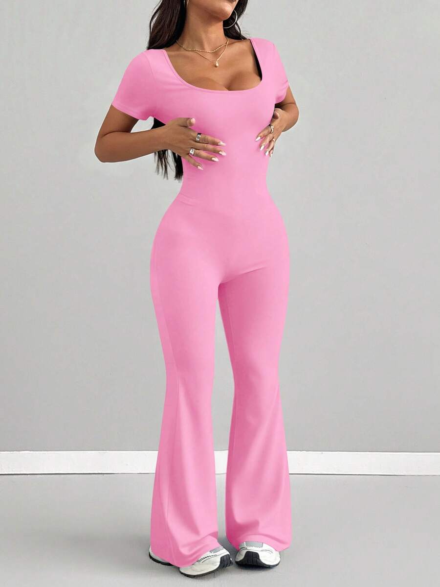 AITYI Studio 女士连体裤，修身舒适，休闲 U 领纯色时尚性感修身款，适合户外运动，百搭实用，适合毕业典礼、返校季、新年、情人节、春夏等场合穿着。弹力针织短袖喇叭裤连体裤。 - 粉色 - 查看 1