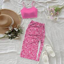 女士两件套印花可爱优雅休闲荷叶边抽绳开衩下摆沙滩度假装 - 玫紅色 - 查看 1