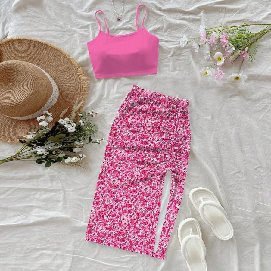 女士两件套印花可爱优雅休闲荷叶边抽绳开衩下摆沙滩度假装 - 玫紅色 - 查看 1