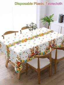 1pc Easter Disposable Tablecloth With Vivid Rabbit, Eggs And Wreath Pattern, Plastic Tablecloth For Easter Home Kitchen Dining Table Decor, Spring Theme Party Supplies, Family Gathering, Farmhouse Style, Size 220*130cm - Multicolor - View 3