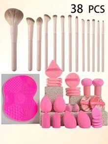 38件套专业化妆刷套装，包含柔软刷毛的化妆工具，包括化妆海绵、粉扑、硅胶化妆刷清洁垫、粉底刷、眼影刷、晕染刷和眉刷。 - 粉色 - 查看 12