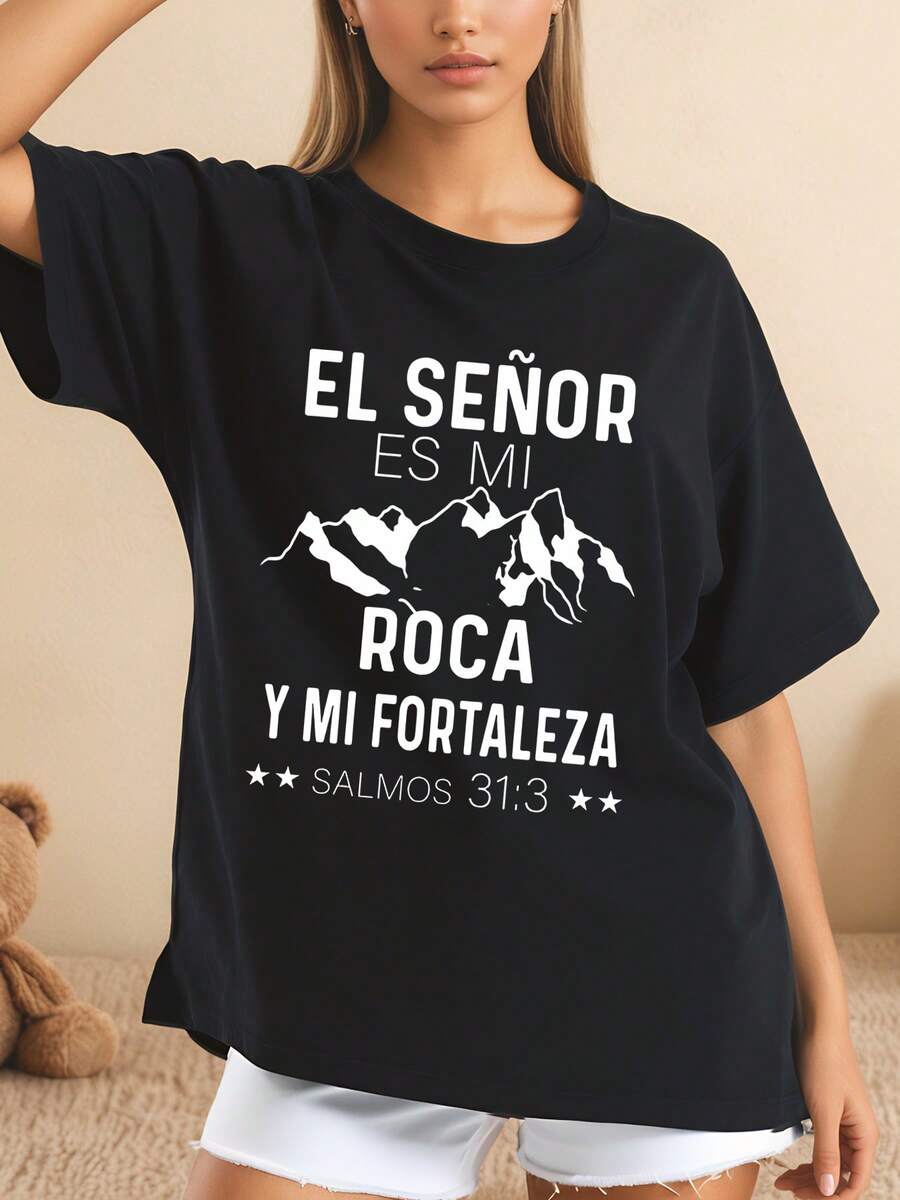 Camiseta de mujer con estampado bíblico El Señor es mi roca y mi fortaleza Salmo 31:3 diseño de montañas estilo oversize cuello redondo manga corta tejido suave 220g ideal para uso diario y ocasiones casuales para mujeres que aman la fe y la moda cómoda - Negro - Ver 1