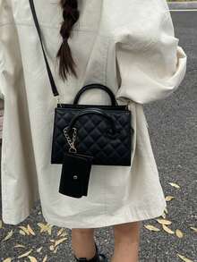 Rhombus Embroidery Thread Stylish Casual Piped One Shoulder Handbag & Crossbody Bag - Black - View 4