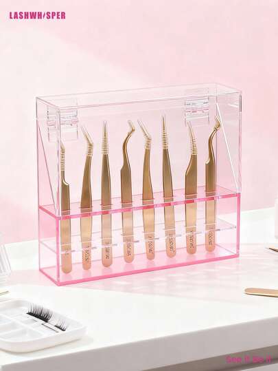 Soporte acrílico a prueba de polvo para pinzas, organizador de herramientas para pestañas con 6/8 ranuras y tapa abatible, caja de almacenamiento transparente para extensiones de pestañas y pinzas de maquillaje