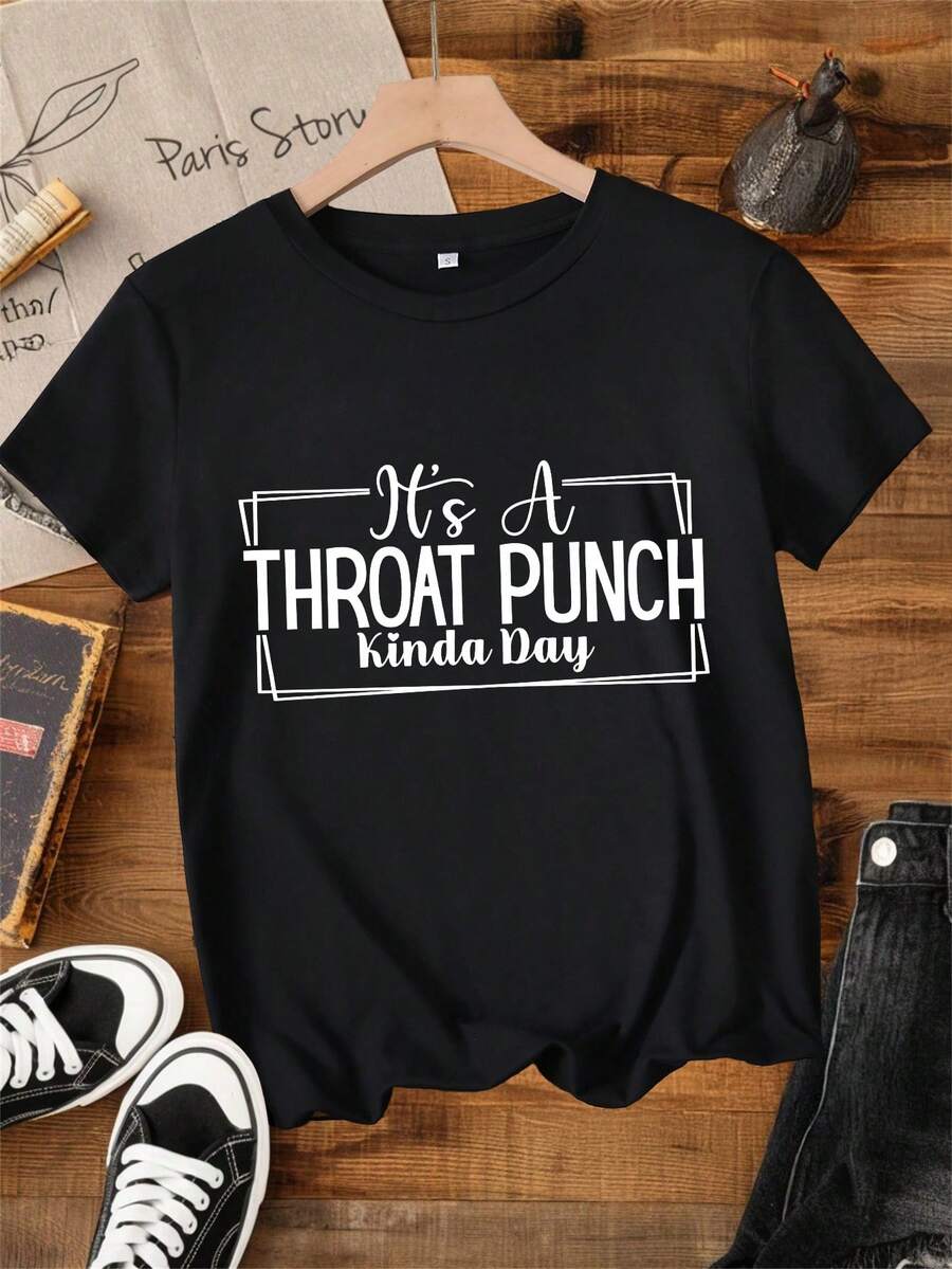 Black T-Shirt With "It'S A Throat Punch Kinda Day" Print | Casual Wear, All-Season, Drawing Pattern With Applique Details Graphic Short Sleeve Top,Valentine's Gift Casual Tee,Green Shamrock Print Tee - 黑色 - 查看 1