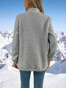 Women's Half-Zip Stand Collar Long Sleeve Pullover Sweatshirt, Teddy Fleece Casual Sweatshirt, Autumn/Winter - Grey - View 3
