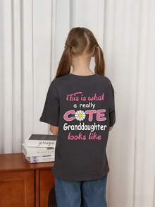 Tween Girls' Casual Graphic Print Crew Neck Short Sleeve T-Shirt, Summer Top - Dark Grey - View 2