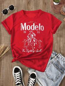 Plus Size Tops, Changes Modelo Cowboy Rope Print T-Shirt, Casual, Heavy Cotton, Summer, Unisex, Free Shipping - 紅色 - 查看 12