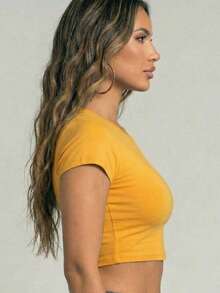 Basic Round Neck Crop Plain Short Sleeve Casual Women's Top Solid Tee Slim Fit Women T-Shirt - 金色 - 查看 2
