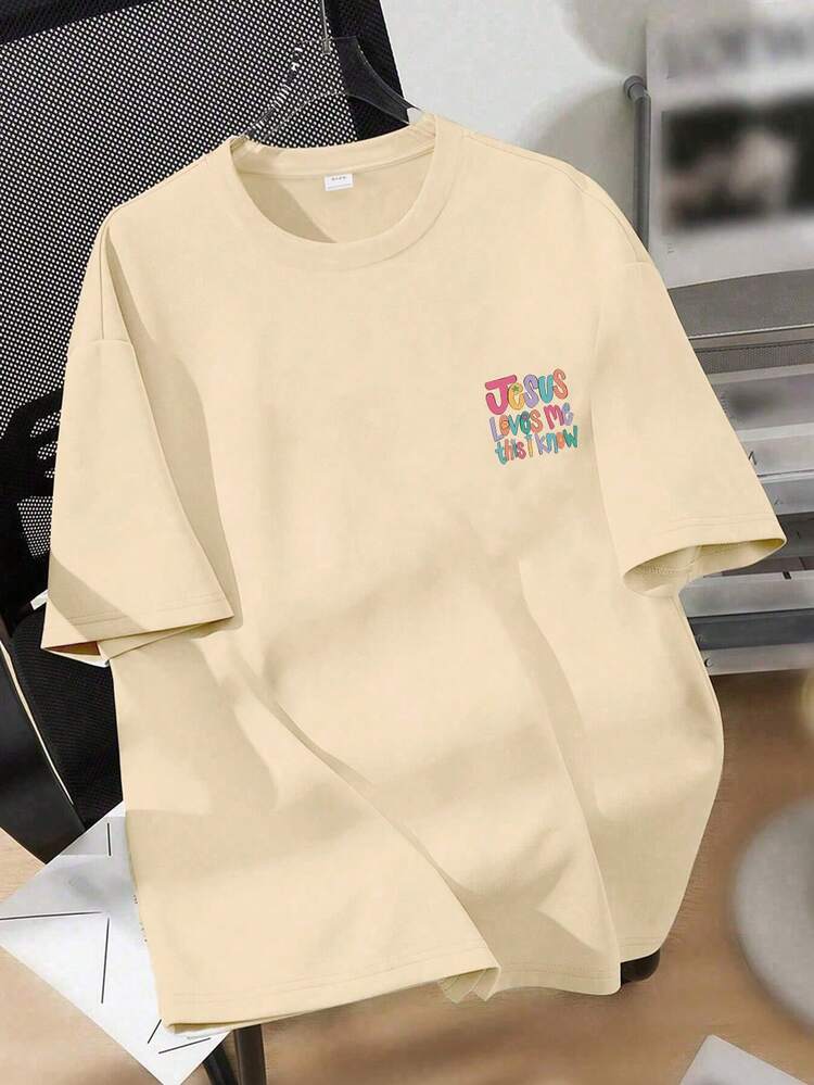 Cartoon Slogan Print Round Neck T-Shirt, Soft & Comfortable Casual Top For Girls, Spring/Summer - Apricot - View 3