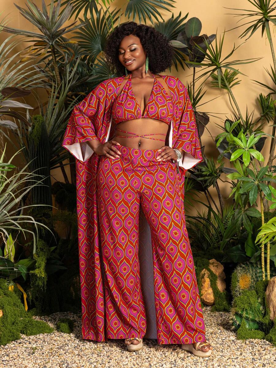 Faeriesty Plus Size Halter Neck Three Pieces Set - Geometric Print Kimono & Wide-Leg Trousers - Perfect For Garden Weddings, Outdoor Portraits & Bohemian Events - Red - View 1
