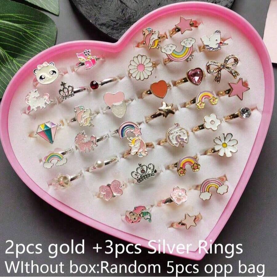 Set de 5 anillos de aleación de tono plateado/dorado de moda para niñas, regalo de joyería infantil, anillos ajustables, entrega aleatoria (sin caja) - Gris Oscuro - Ver 1