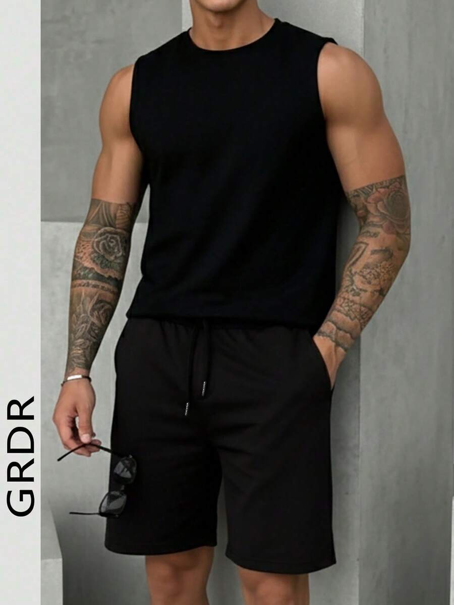 Bộ đồ nam GRDR gồm áo tank top và quần short màu trơn, kiểu dáng thường ngày. - màu đen - Xem 1