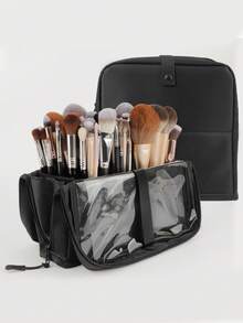 1 Convenient Vertical Foldable Large-Capacity Makeup Artist Storage Bag Travel Professional Makeup Bag Beauty Bag Makeup Brush Holder With 8 Hook And Loop Free Splicing Adjustable Separated Makeup Brush Pencil Case (Black). - Multicolor - View 2