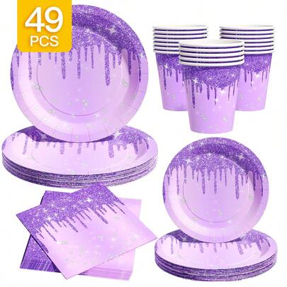 1 Set Disposable Party Supplies For 8 Guests, Including Light Purple Rhinestone Decorated Plates, Napkins, And Cups, Suitable For Birthday, Wedding, Theme Party, Family Picnic