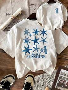 Minimalist. 100% Cotton. 1 Piece. Women's Casual Starfish And Letter Print T-Shirt, Crew Neck, Short Sleeve, Summer Tops, Summer Clothing, Shirts, Spring Outfits For Women, Summer Graphic T-Shirts, Women's T-Shirts. Spring/Summer Top. - 白色 - 查看 6