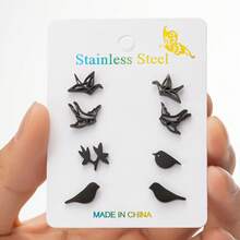 4对/套不锈钢鸟形耳环套装，饰有小动物鸟类图案，男女皆宜，是理想的生日礼物首饰。 - ZH043 - 查看 7