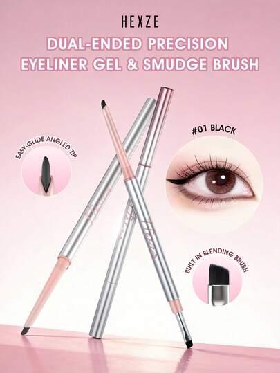 HEXZE جل آيلاينر ذو طرفين للمبتدئين + فرشاة تدخين | طويل الأمد، سهل، نظيف وخطوط مثالية 01 أسود جريء ومحدد