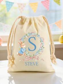 1pc Personalized Easter Bunny Drawstring Canvas Bag, Customized Letter & Wreath Rabbit Design, Kids Easter Basket And Egg Hunt Bag, Reusable Spring Party Gift Bag, Cute Easter Item Gift, Suitable For Girls, Boys, Family, Friends And Classroom Easter Party Supplies - Multicolor - View 6