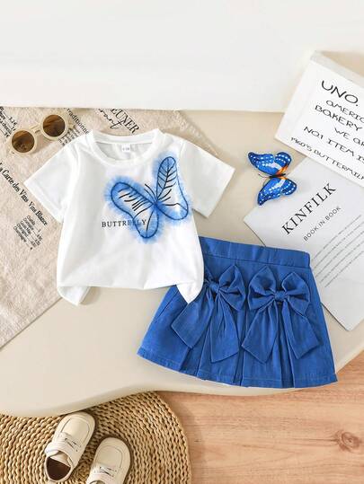 两件套女婴休闲舒适套装，蝴蝶图案T恤+蝴蝶结装饰褶皱牛仔裙，夏季日常休闲套装