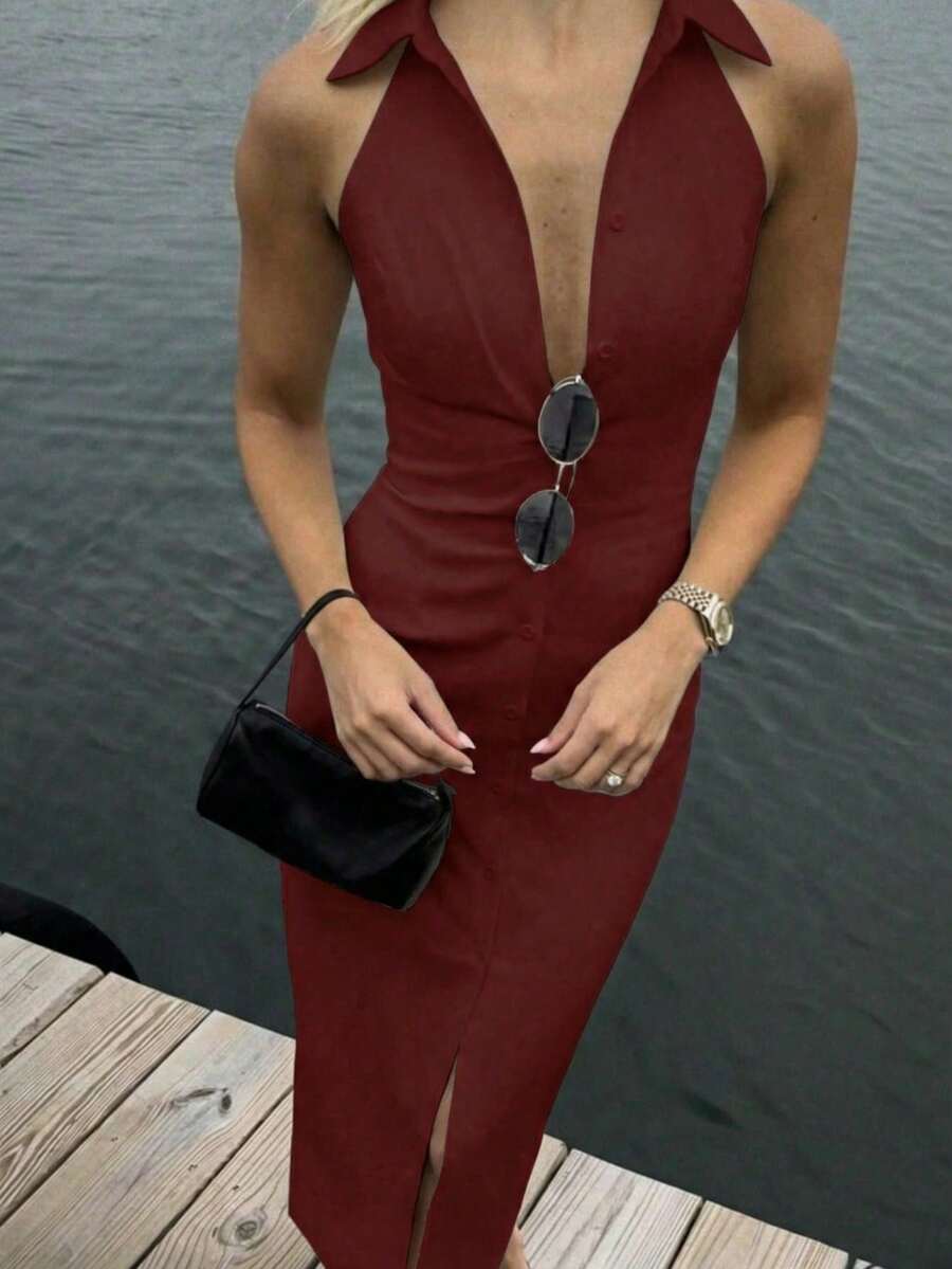 2025新款优雅白色工作服，经典衬衫裙设计，修身，酒红色露背无袖沙滩裙，女士 - 酒紅色 - 查看 1