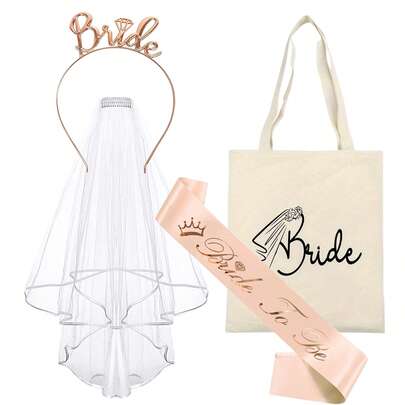 Bridal Veil Ribbon, Bridal Handbag, Hen Party Accessories Including Bridal Headpiece, Bridal Veil Ribbon, Bridal Headband, Suitable For Bridal Shower, Wedding Party, Bachelorette Party, Etc. Rose Gold Wedding Hen Party Decorations