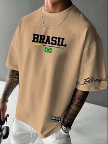 Men's Streetwear T-Shirt With Brazil Print, Cotton - Caqui - Ver 2