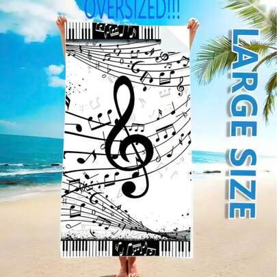 1pc Extra Large Lightweight & Quick Dry Beach Towel With Music Notation Pattern - Vivid Surfing Dinosaur & Tropical Design, Suitable For Beach, Pool, Bathroom, Machine Washable, Dinosaur Decor, Fast Drying Fabric