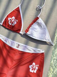 女士泳装比基尼，可爱休闲芙蓉热带花卉印花沙滩套装，红色时尚套装/外出服/生日服/休闲/Y2K/2000年代/Y2K服装/优雅/复古/街头风/度假服/音乐节沙滩装，2026年夏季 - 紅色 - 查看 7