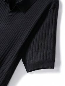 男士罗纹飞机领针织Polo衫，短袖，夏季时尚 - 黑色 - 查看 7