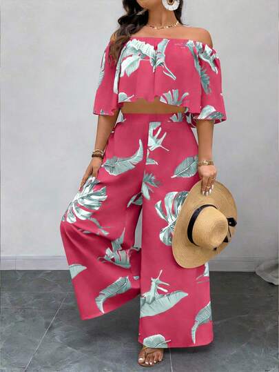 Conjunto de top casual con hombros descubiertos y estampado de hojas tropicales + pantalones rectos de pierna ancha para mujer de talla grande