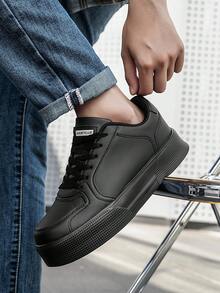 Men's Minimalist Fashion Solid Color Patchwork Letter Print Black Skate Shoes, Versatile Outdoor Commute Sports Sneakers - Black - View 10