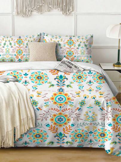 3件套波西米亚风床上用品套装（1个被套+2个枕套，不含被芯）透气涤纶印花被套套装，柔软舒适，适用于卧室、客房和宿舍。可选尺寸：特大号、大号、双人床、单人床。被套易于拆卸，可机洗，适合全年使用。