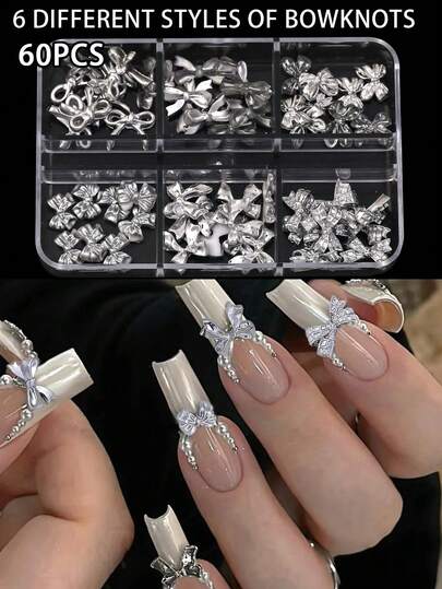 60pcs 3D Butterfly Bow Nail Art Charms, Unscented Nail Decorations, DIY Jewelry Crafts & Wedding Accessories For Women Nail Supplies