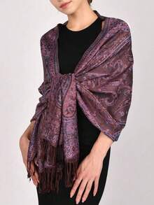 1 chiếc khăn Pashmina nữ kiểu Bohemian họa tiết Paisley Jacquard, khăn trùm đầu tua rua cổ điển để chống nắng, thích hợp cho mặc hàng ngày, mùa xuân/hè. - Màu tím - Xem 2