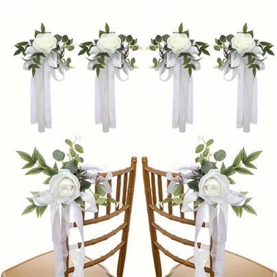 4pcs Wedding Chair Back Decor, Aisle Chair Decoration, Artificial White Rose Flowers With Chiffon Ribbons For Wedding Ceremony Church Party