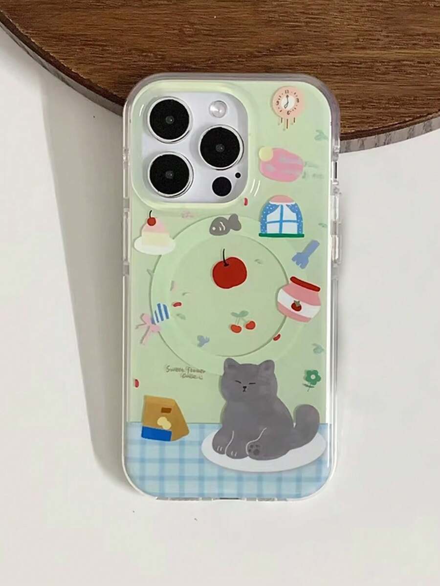 1 Pcsins Illustration Following From Little Fresh Mint Green Cute Cats, And Applicable Iphone17 Iphone17promax/Iphone16 Pro Max/Iphone15 Pro/Iphone14 Iphone13/12/11, Suitable For Family/Friends/Sister/Girlfriend On Valentine's Day Gift/Birthday Gift/Mother's Day Gift - Green - View 1