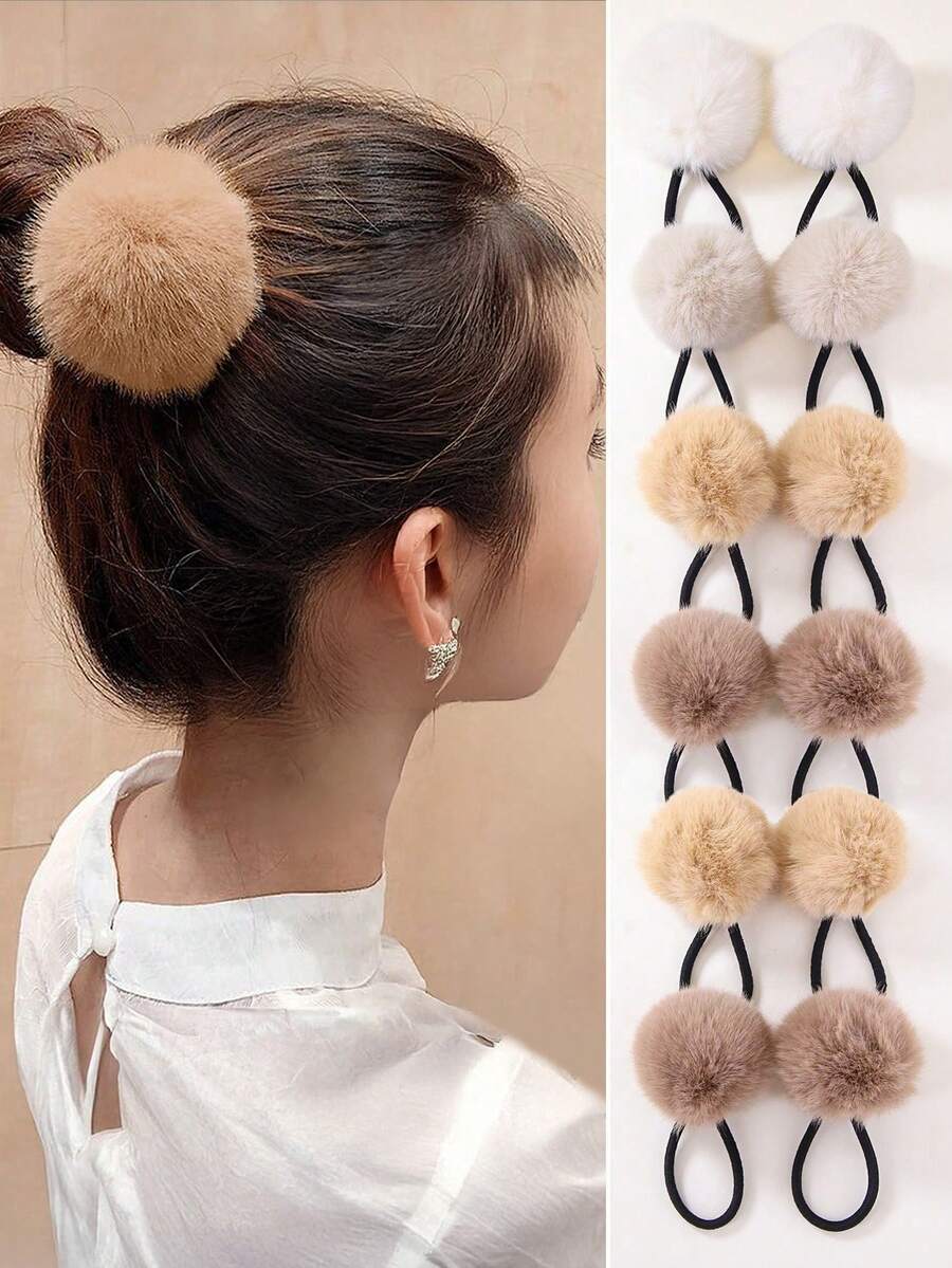 8个/套 女孩秋冬毛绒球发圈，可爱柔软弹力发绳，适合日常使用 - 彩色 - 查看 1