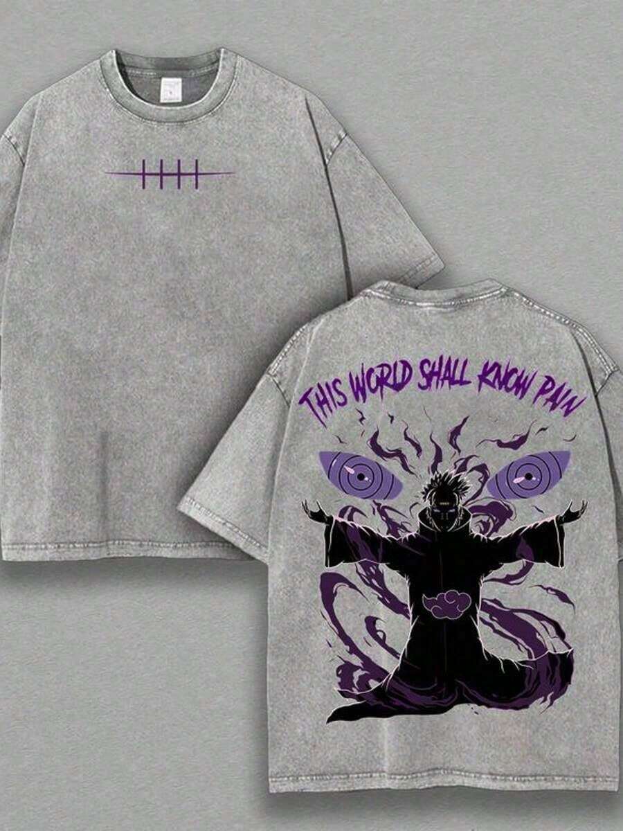 230G Retro Washed Cotton-Shirt, Anime Graphic Double-Sided Print This World Shall Know Pain, Loose Fit Round Neck, Unisex Summer Streetwear, Holiday Casual Fashion New Arrival - 灰色 - 查看 1
