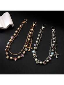 Fashion Layered Pants Wallet Chains For Women Men - Gold Silver Rhinestone Flower Pearl Jean Pocket Chain, Exquisite Cute Bag Purse Charms Jewelry For Daily & Party Wear - Silver - View 5