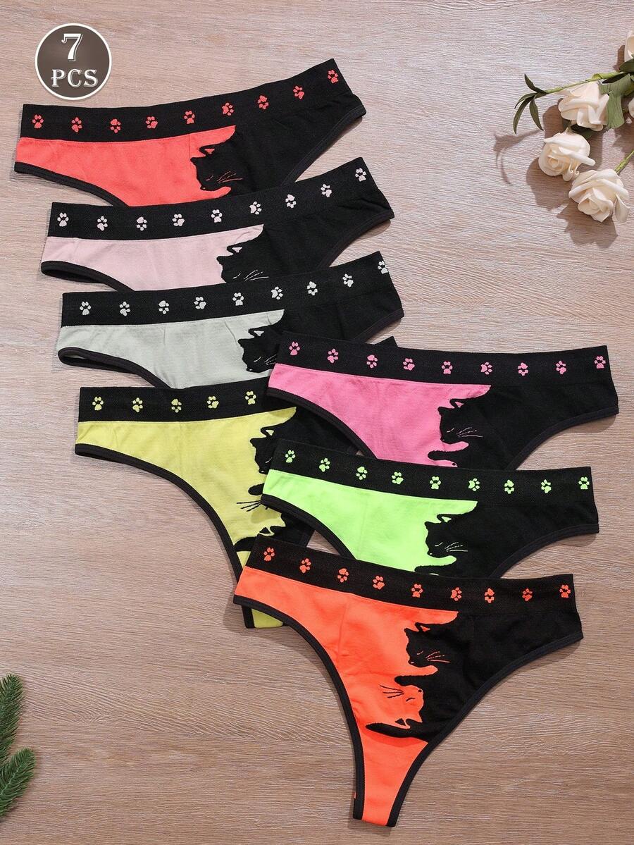 7pcs Women's Seamless Cat Print Comfortable Thong Panties - Multicolor - View 1