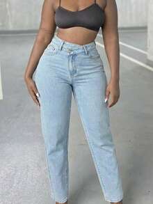 Jeans American Vintage Style High Waist Straight Leg Pants Light Blue Washed Slimming Design Plus Size Women Daily Commute / Casual Streetwear - Blue - View 2