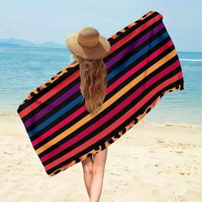 1pc Extra Large Striped Ultra-Fine Fiber Beach Towel - Quick Drying, Lightweight, Sand-Free, Vibrant Tropical Colors, Suitable For Travel, Camping And Beach Days